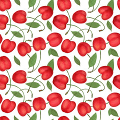 Crayon cherry with leaves seamless pattern. Hand drawn artistic sweet berry repeatable background with pastels. Cute Colorful stylish illustration for backgrounds, textiles, tapestries.