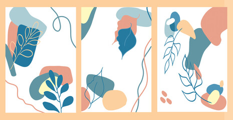 Set of abstract posters with simple leaves on a background of random colored spots and lines. For interior design, postcards, prints in a minimalistic Scandinavian style.
