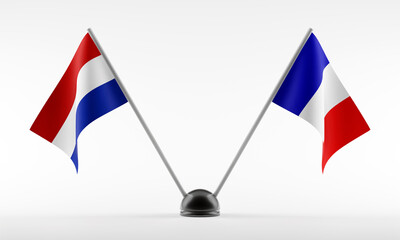 Stand with two national flags. Flags of Netherlands and France. Isolated on a white background. 3d rendering