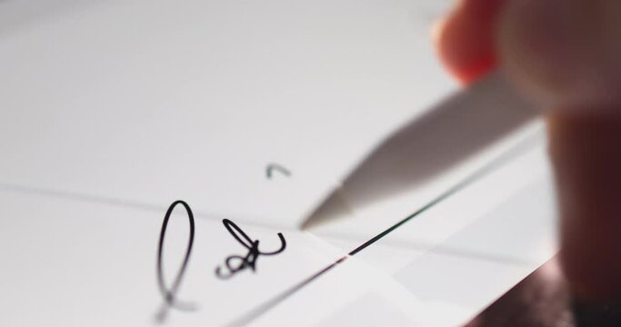4K Video close up stylus sign signature on tablet screen. Concept for digital e-signature and electronic document.