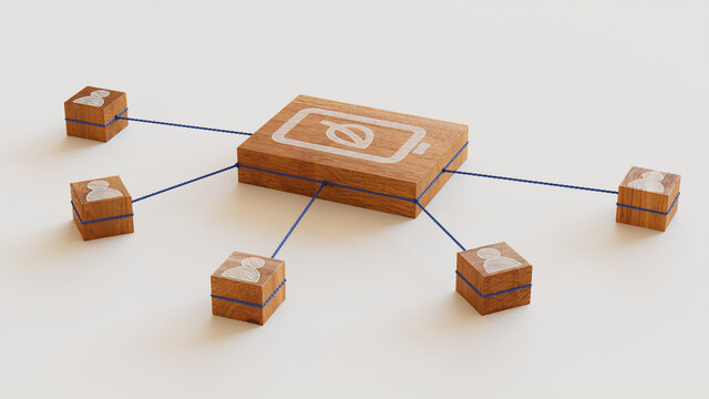 Environmental Energy Technology Concept With Eco Battery Symbol On A Wooden Block. User Network Connections Are Represented With Blue String. White Background. 3D Render.