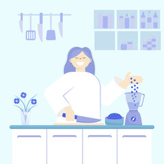 vector illustration in cartoon style, woman chef preparing smoothies in the kitchen, food, master class