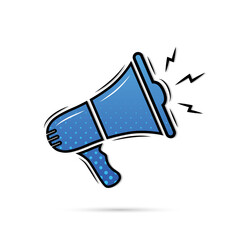 Megaphone icon. Loud announce. Blue loudspeaker sign. Shout in speaker. Bullhorn alert. Noise speaker. Speak news announcement. Loud sound horn. Notify icon isolated on white background. Voice. Vector