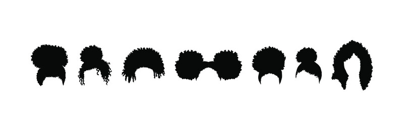 Collection of silhoutes of afro girls hairstyles isolated on white background - obrazy, fototapety, plakaty