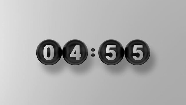 Countdown. Countdown 5 minutes. Black glossy ball. White background. White digits. 3D. 3D Rendering