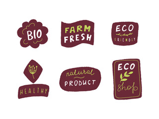 Fototapeta na wymiar Eco badge set in handraw style. Organic logo. Vegan product labels, natural food and eco vegetables badges, fresh and healthy product stickers. Vector illustration