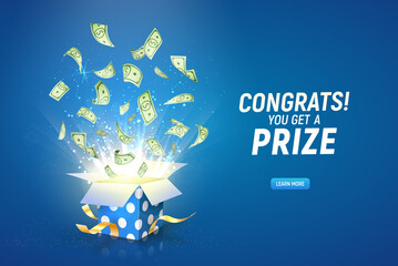 Win prize. Online casino gambling game vector illustration advertising. Open textured gift box with paper money explosion out on the blue background. 