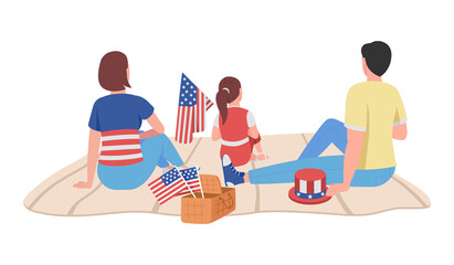 Obraz premium American family on July 4th semi flat color vector character. Sitting figures. Full body people on white. Celebration isolated modern cartoon style illustration for graphic design and animation