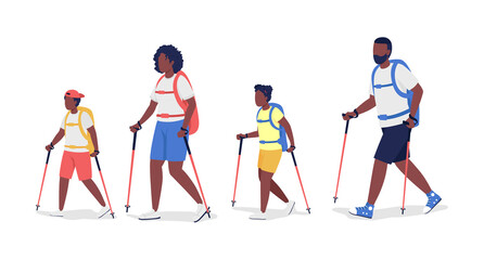 Backpacker family hiking semi flat color vector characters. Parents and kids figures. Full body people on white. Trip isolated modern cartoon style illustration for graphic design and animation