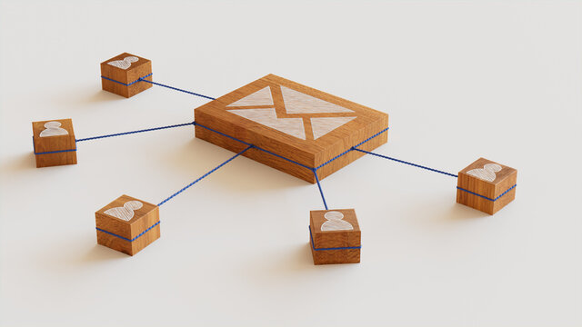 Email Technology Concept with Envelope Symbol on a Wooden Block. User Network Connections are Represented with Blue string. White background. 3D Render.