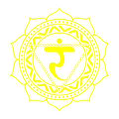 Line drawing.The third chakra of Manipur. Solar Plexus Chakra with Hindu Sanskrit. Yellow is a flat symbol of meditation, yoga. Vector
