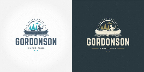 Rafting logo emblem vector illustration outdoor adventure expedition boat and man silhouettes