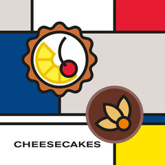 Two mini fruit cheesecakes. Pineapple cherry cheesecake. Chocolate cheesecake with physalis. Modern style art with rectangular color blocks. Piet Mondrian style pattern.