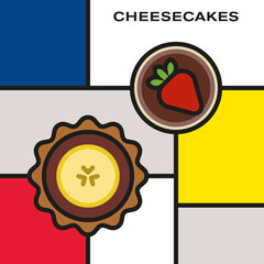 Two mini fruit cheesecakes. Chocolate strawberry cheesecake. Chocolate banana cheesecake. Modern style art with rectangular color blocks. Piet Mondrian style pattern.