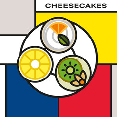 Three mini fruit cheesecakes on saucer. Pineapple cheesecake. Orange mint cheesecake with whipped cream. Kiwi cheesecake with physalis. Modern style art with rectangular color blocks. Piet Mondrian st