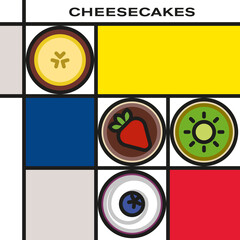 Four mini fruit cheesecakes. Modern style art with rectangular color blocks. Piet Mondrian style pattern.