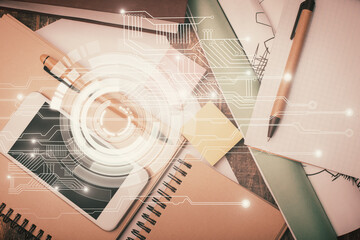 Multi exposure of technology theme drawing over work table desktop. Top view. Global data analysis concept.