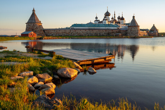 View of the Solovetsky Monastery from the side of the Holy Lake on a sunny cloudless morning, Solovetsky Island, Arkhangelsk region, Russia