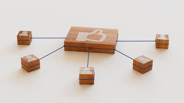 Social Media Technology Concept with like Symbol on a Wooden Block. User Network Connections are Represented with Blue string. White background. 3D Render.