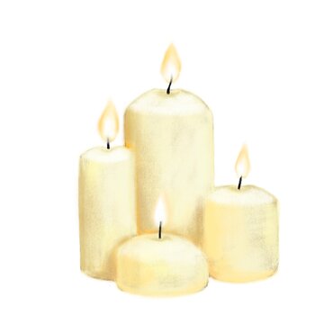 warming white candles with fire, hand drawn illustration, watercolor clipart