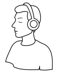 music lover. the guy with the headphones. isolated black-and-white contour drawing by hand. poster, avatar, coloring, template, print.
