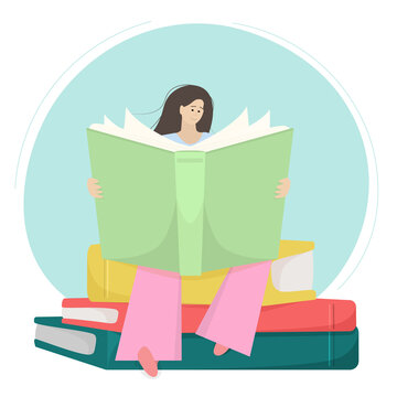 Girl enthusiastically reads a large book, sitting on a huge pile of books. Abstract young girl in flat style. Hyperbolized proportions. Isolated on white background.