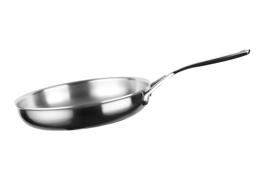 A Stainless Steel Frying Pan Is Isolated On A White Background.