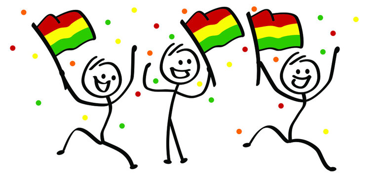 Red, yellow, green flag with confetti. Carnaval or Carnival. opular Event in the Netherlands. Flat vector celebrating party sign. Cartoon, happy stickman or stick figure man