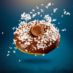 Chocolate donut with coconut flackes flying i