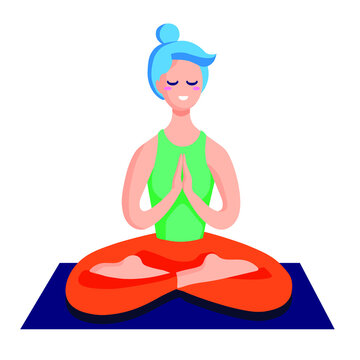 Woman sitting in lotus meditation, with namaste hands. Yoga vector flat illustration