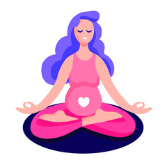Fototapeta na wymiar Young beautiful pregnant woman in pink clothes sitting in lotus pose isolated on white background. Pregnant Yoga. Vector illustration 