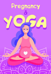Fototapeta na wymiar Young beautiful pregnant woman sitting in lotus pose with beautiful mandala on pink background. Pregnant Yoga. Vector illustration banner or poster