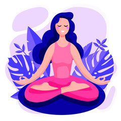 Fototapeta na wymiar Young beautiful woman meditating in lotus pose with tropical monstera leaves on the background. Yoga Vector illustration