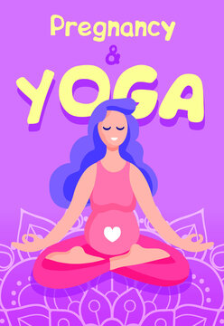 Young beautiful pregnant woman sitting in lotus pose with beautiful mandala on pink background. Pregnant Yoga. Vector illustration banner or poster