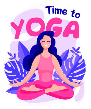 Young beautiful woman sitting in lotus pose with tropical monstera purple leaves on the background. Yoga Vector illustration