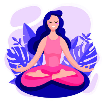 Young beautiful woman meditating in lotus pose with tropical monstera leaves on the background. Yoga Vector illustration