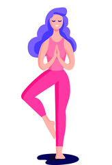 Obraz na płótnie Canvas Woman standing in tree asana with namaste hands. Yoga vector flat illustration