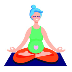 Young beautiful pregnant woman in green clothes sitting in lotus pose isolated on white background. Pregnant Yoga. Vector illustration 