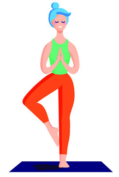 Woman standing in tree asana with namaste hands. Yoga vector flat illustration