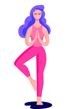 Woman standing in tree asana with namaste hands. Yoga vector flat illustration