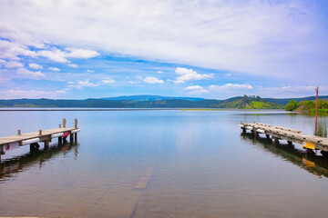 Twin wooden jetties in Lake Rotoiti, New zealand