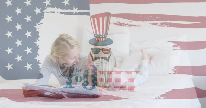 Independence text and american flag pattern against caucasian mother and daughter reading a book