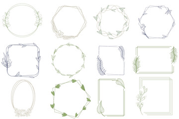 Set of frames, vector. Frame round, oval, rectangular and polygonal with flowers, sheets and leaves. Hand drawing, botanical sketch. Minimalist modern style, outlines for design.