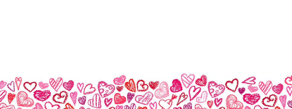 Valentine's day background. Chalk Doodles Hand drawn love symbols heart icons on white. Crayon style cute hearts, traditional romantic decorated elements. Pink hearts silhouette. Greeting, wedding car