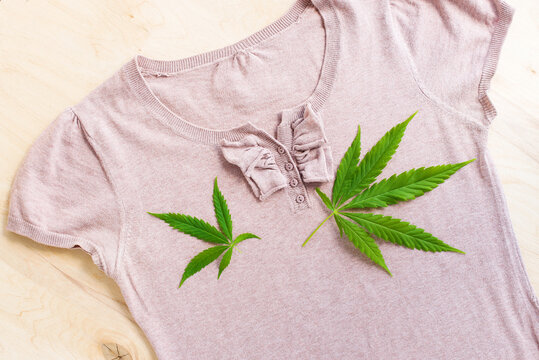 Hemp Cloth Production, Hemp Textile Natural Cannabis Clothes And Leaf. 