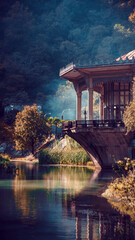 Ancient structure on the river bank in the mountains