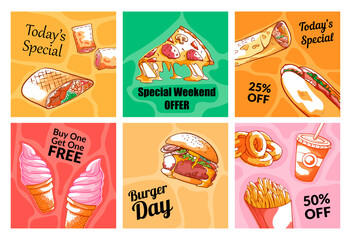 Collection of colored fast food banner with advertising vector illustration lunch menu posters
