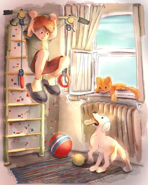 Boy pulls himself up on a horizontal bar in the room. Children's cartoon illustration. The boy pulls himself up on the horizontal bar in the room.The dog and the cat are watching. Color yellow, Orange