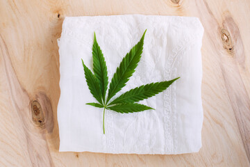 Hemp cloth production, hemp textile natural cannabis clothes and leaf. 