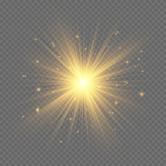 The dust sparks and golden stars shine with special light. Vector sparkles on a transparent background. Christmas light effect. © Liza